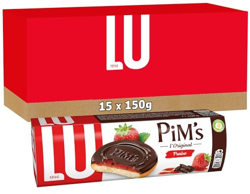 Lu Pim's - Génoise Moelleuse Fraise Nappée Chocolat Noir - 15x150g | 15 Boîtes de 150g | Génoise moelleuse à la confiture de fraise nappée de chocolat noir craquant | Idéal pour le goûter
