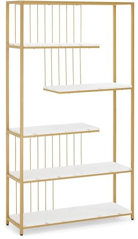 BarberPub estanteria Oro, estanteria de pie con 5 Niveles, estanteria de Oficina con Marco de Metal, estanteria para Oficina, Salon, Dormitorio, Salon de uñas, marmol-Blanco, 30x100x180cm, 5177