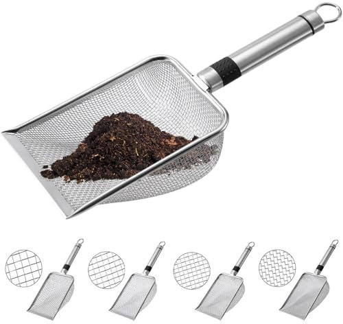 SGZIOO 4 Piezas Tamiz de Tierra para Jardín, Malla para Tamiz de Tierra en Acero Inoxidable, Tamiz para Tierra de Jardin con Mango, Malla de 2/2,8/3,8/5 Mm, para Jardinería Rocas Abono
