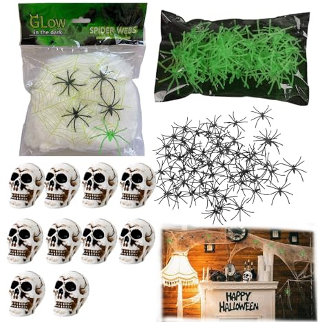 ragnatela decorativa luminosa per Halloween con 20 ragni fluorescenti, 64 piccoli ragni neri, 120g rete e 10 teschi finti – decorazioni horror per feste e giardini