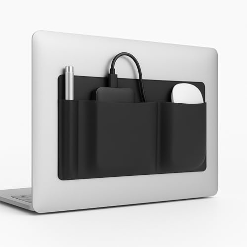 3-Pocket Adhesive Laptop Pouch Organizer - Stick-On Mouse & Hard Drive Holder for Laptop | Slim Reusable 3M Computer Pocket for SSD, Cables, Mouse, Chargers & Tech Accessories (10.7 x 5.5)