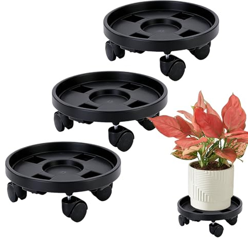 BORDEAG 3 Pezzi Sottovaso con Ruote, 29.5 x 29.5 x 5 cm Sottovaso, Portavasi con Ruote Plastica, Rullo per Piante con Ruote Universali per Interno, Esterno Portata 50 kg Vaso Rotondo Nero