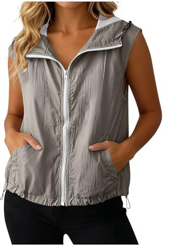 Lightweight Gilets for Women UK Casual Loose Full-Zip Sleeveless Jackets with Pockets Summer Fishing Running Hiking Outerwear Outdoor Sports Tops Hoodie Waistcoat Hooded Vest