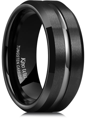 King Will Tungsten Carbide Wedding Band for Men Women-8mm Width in Black with Grooved Center Wedding Ring Suitable Suitable for Work, Gym Comfort Fit Size 11