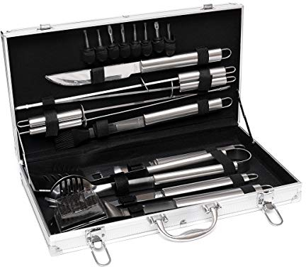 Brillibrum BBQ Grill Set Grillkoffer Küchenhelfer Set Edelstahl Rostfrei 18-teilig mit Koffer Küchenhelfer (Gravur bis 15 Zeichen, Variante 1)