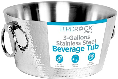 BIRDROCK HOME Hammered Stainless Steel Round Beverage Tub with Handles - Double Wall Insulated 3 Gallons - Metal Drink Cooler & Ice Bucket for Parties - Outdoor Aluminum Holder for Bottles & Soda