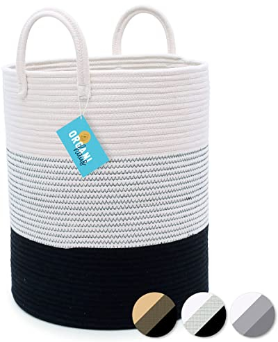 OrganiHaus Large Laundry Basket, Cotton Rope Storage Bin for Dirty Clothes & Toys, Woven Blanket Basket with Handles, Washing Baskets for Laundry, Nursery or Bedroom Décor - 38x45cm, Black/White