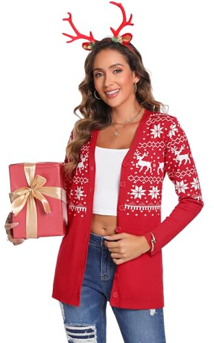 iClosam Suéter de Navidad Mujer Invierno Cárdigans de Punto Ciervo Mujer para Navidad Chaqueta de Suéter Manga Larga con Cuello Redondo Jerséis Blusa Navideños Regalo de Año Rojo M
