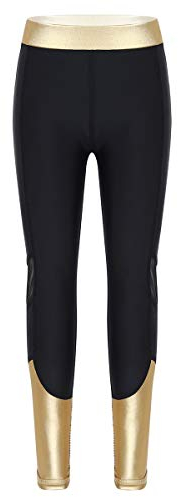 Yeahdor Kinder Mädchen Hosen Sport Tanz Leggings Lang Hose Ballett Strumpfhose mit Metallic & Mesh Spleiß für Yoga Tanzen Fitness Schwarz 98-104/3-4 Jahre