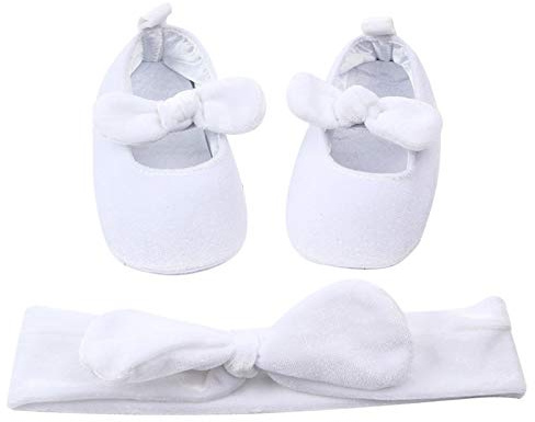 amropi 2 Pezzi Neonata Scarpe Primi Passi + Bowknot Fascia Scarpine Neonato Bambina Principessa Ballerine (Bianco,0-6 Mesi)
