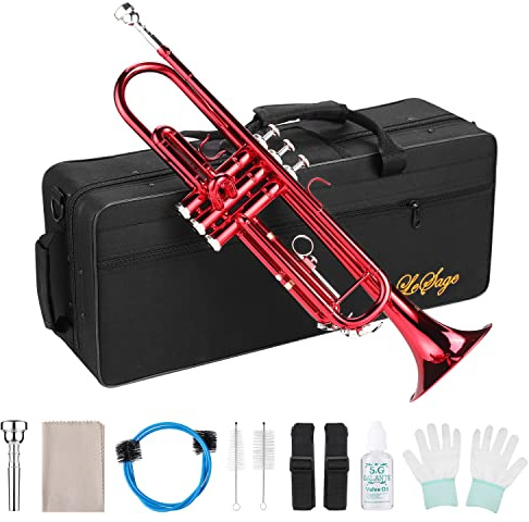 LeSage Bb Trumpet for Student Beginner - Red with Case, 7C Mouthpiece, Valve Oil & Cleaning Kit