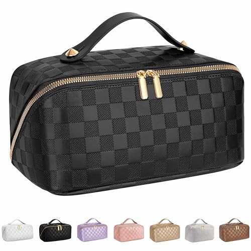 ALEXTINA Large Capacity Travel Cosmetic Bag - Portable Makeup Bags for Women Travel Toiletry Bag Waterproof Leather Checkered Makeup Organizer Bag for Travel Essentials, Open Flat Make up Bag, Black