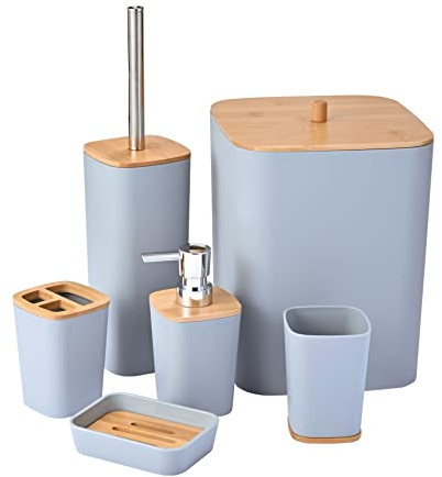 Yorkmills Set di accessori da bagno in bambù, set di 6 accessori da bagno, cestino da bagno e scopino per WC, tazza porta spazzolino resistente, dispenser di sapone con pompa, portasapone