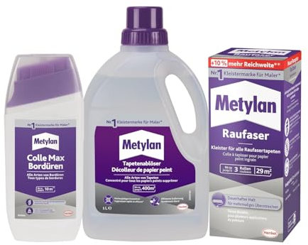 Metylan Raufaser, für Raufasertapete (1x180g) & Metylan Bordüren Klebstoff (1x250g) & Metylan Tapetenablöser Aktiv-Konzentrat, löst schnell und problemlos (1x 1l)