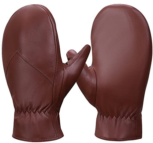 MGGMOKAY Fäustlinge Herren, Winter Warme Echtleder Schaffell handschuhe,Cognac,M
