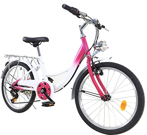 JINPRDAMZ Bicicletta per bambini da 20 pollici, 6 marce, di alta qualità, colore rosa, da donna, con luce, per città, spiaggia, pista ciclabile e tutti i tipi di strade, rosa e bianco