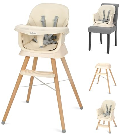 Ezebaby Hochstuhl baby 6 in 1 Sitzerhöhung Kinderstuhl Barhocker, Multfunktional Kinderhochstuhl, Beine aus Holz, mit 5-Punkt-Gurt, Fußstütze, abnehmbare Tablett für Kinder ab 6 Monate (Beige)