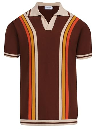 OXKnit Poloshirt Herren Kurzarm Polo Shirt Gestrickt Vintage 1960s Mod Style Retro Gestreift Braun Polohemd (DE/NL/SE/PL, Alphanumerisch, M, Regular, Regular, Braun)