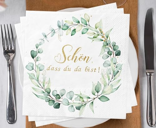 50Pcs Servietten Eukalyptus Grün Gold Schön Dass Du Da Bist Hochzeits Servietten 3-Ply Papierservietten Salbeigrün Servietten Geburtstag Taufe Jugendweihe Kommunion Konfirmation