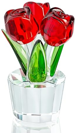 KRISININE 3.2 * 2in Handmade Crystal Red Rose Bouquet Figurine Romantic Rose Flower Gifts for Wife Mom on Birthday Wedding Anniversary