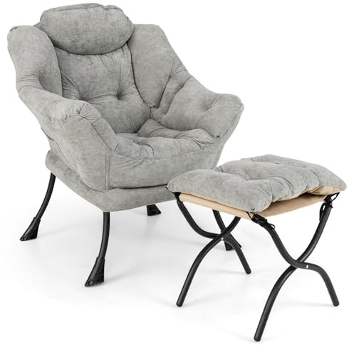 COSTWAY Poltrona Relax, Poltrona Salotto con Cuscino per Testa, Sedia con Pouf Pieghevole, Tasca Laterale, per Soggiorno Camera da Letto, Portata 136 kg (Con Pouf, Grigio Chiaro)