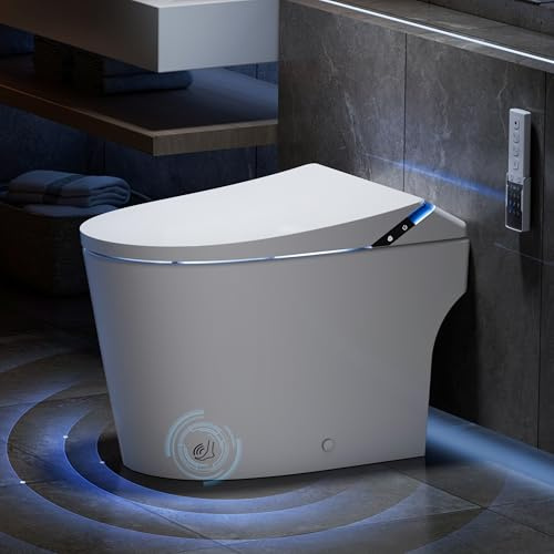 Ihatit Inodoro inteligente con bidé incorporado, inodoros con tanque, cierre automático, descarga automática, sensor de pie, asiento con calefacción, agua tibia, dispensador de espuma, bidé alargado