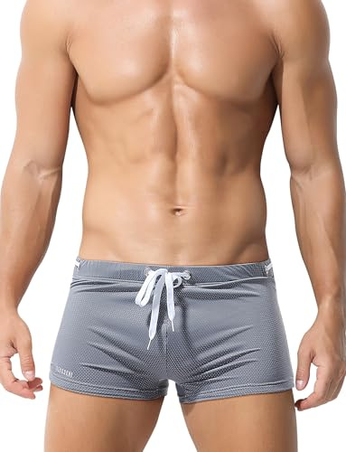 SEAUR Costume da bagno da uomo, aderenti, corti, a basso taglio, sexy, leggeri e sottili, con coulisse, per sport acquatici - EU S-XL, grigio., L