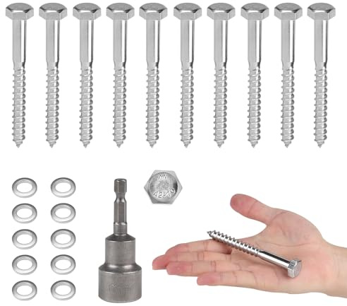 MIGUBUGI 10 PCS Tirafondi per Legno M10 x 50 mm con Rondelle e Bussola Esagonale Acciaio Inox 304, Viti Autofilettanti per Metallo Testa Esagonale, Viti Tirafondo, Vitis Esagonali