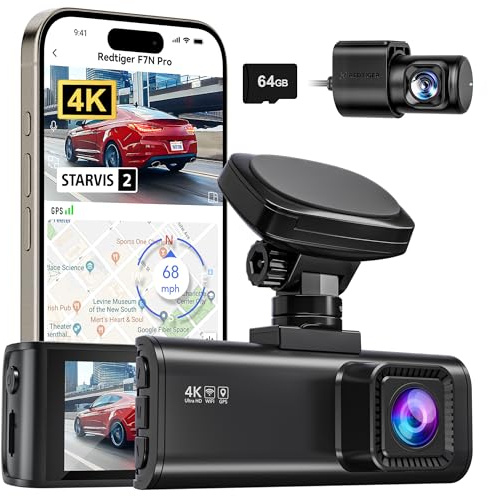 REDTIGER 4K Dashcam Voiture Avant Arriere, STARVIS 2 Sensor with 64GB Card,4K/2.5K+1080P Dual Camera Voiture Built-in WiFi,GPS, 3.18 IPS, 170° Wide-Angle,24/7 Parking Surveillance, Loop Recording,WDR