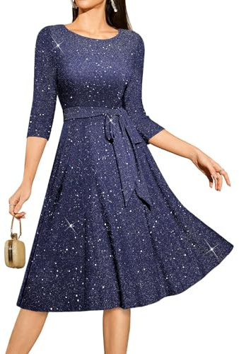 DRESSTELLS Cocktail Dresses for Women UK, Wedding Guest 3/4 Sleeve Sparkly Holiday Prom Party Dress, Sequin Aline Modest Mother of Bride Midi Dress Glitter Navy L