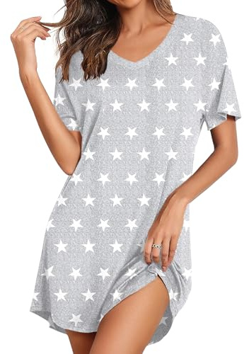 Ekouaer Nightgowns for Women Bamboo Viscose Sleep Shirts Short Sleeve Night Shirts Casual Sleep Dress Soft Sleepwear
