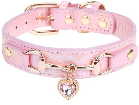 Flongo hjärta strass hundhalsband av läder: Svart halsband med D-ring för små hundar – vattentätt läder med spänne – justerbart halsband för chihuahua och små raser – storlek S, En Storlek , Läder
