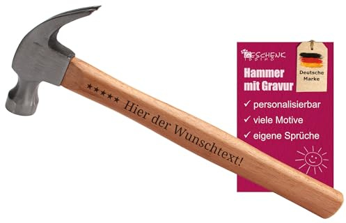 Personalisierter Hammer mit Gravur als Geschenk, Holzhammer personalisiert mit Spruch, Klauenhammer, Holzgriff, Stahlkopf, Länge 29 cm, Geschenkissimo Geschenkidee mit Namensgravur