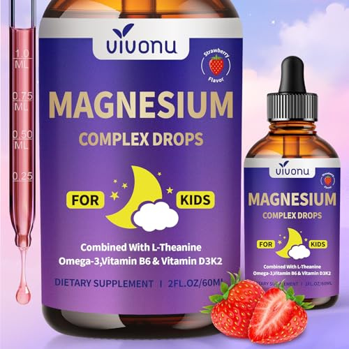 VivoNu Magnésium Gouttes Enfants – Magnésium Bisglycinate + Vitamines D3 K2 B12 B6, Oméga 3 et Calcium – 60 ml – Fraise