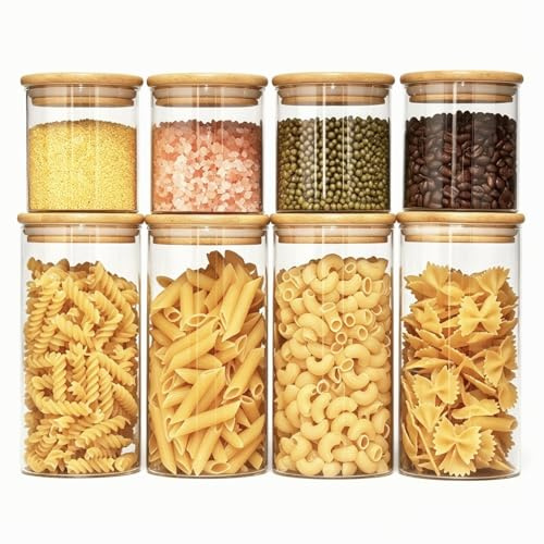 Otauoaea Lot de 8 Bocaux en Verre, 4x 330 ml + 4x 700 ml - Pot en Verre avec Couvercle - Bocaux Rangement Cuisine - Bocal Hermétique Boite pour Pâtes, Céréales, Haricots, Épices