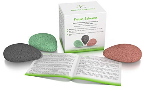 Spugna Konjac in confezione da 3 con carbone di bambù argilla rossa tè verde ideale per un delicato e delicato viso speeling & perfetto per la pulizia quotidiana profonda ecologico e sostenibile.
