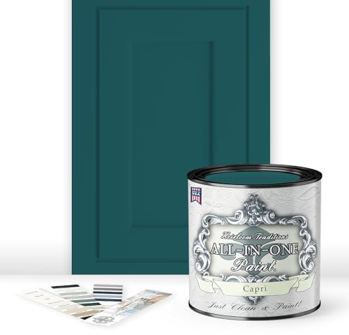 Heirloom Traditions ALL-IN-ONE Paint, Capri (green teal), Quart - Durable cabinet and furniture paint. Built in primer and top coat, no sanding needed. Includes our 30 featured color card.