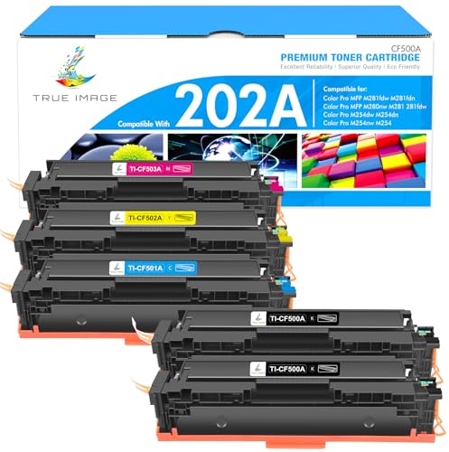 TRUE IMAGE 202A 202X Toner Cartridges M281fdw Replacement for HP 202A CF500A 202X CF500X Color LaserJet Pro MFP M281cdw M254dw M281fdn M254dn M254nw M281 M254 Toner Printer Ink (BK/C/Y/M,5-Pack)
