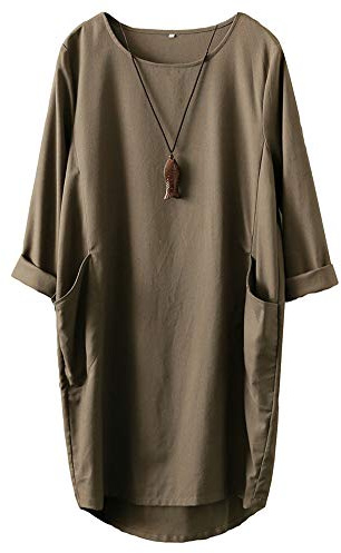 FTCayanz Donna Vestito Tunica T-Shirt Lino Abito Manica Lunga Mini Sciolto Abiti Elegante Army Green XXL