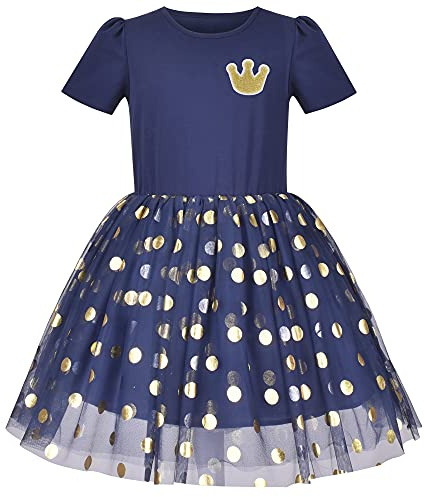 Sunny Fashion Robe Fille d'or Point Appliqué Sombre Bleu Tulle Manche Courte 4 Ans