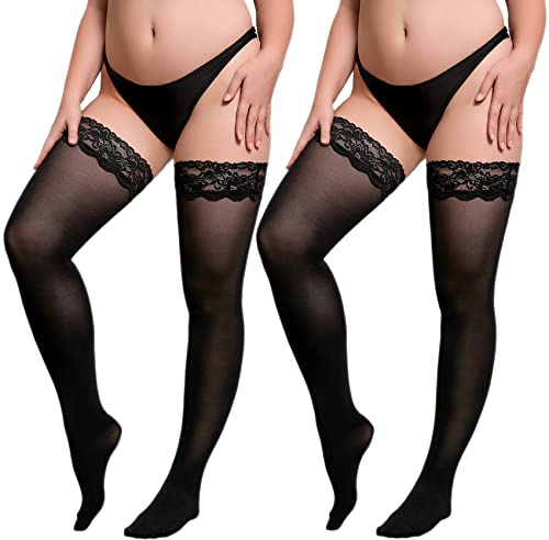 MANZI Halterlose Strümpfe 70 DEN Spitze Großen Größen 2er Pack Blickdicht Damen Schwarz Strumpfwaren Silikonoberteil,XL-XXL