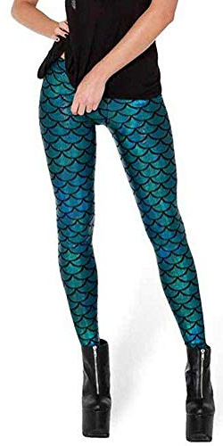Fioeyr Women's Sexy Mermaid Fish Scale Printed Elasticity Leggings Stretch Tight Pants Blue