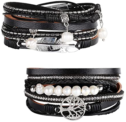 Milacolato 2 Stück Lederarmband Damen Boho Multilayer Baum Leder Armband Wrap Ledermanschettenarmbänder Grau Braun Schwarz Blau Magnetschnalle Armreifen Schmuck Geschenk Für Mutter Freunde