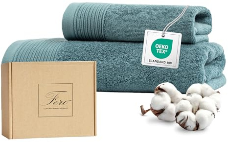Ferò Juego de Toallas de Lujo de 2 Piezas 100% Algodón Premium Low Twist, 550 g/m², Ultra Suaves, Oeko-Tex, Diseño Italiano, 1 Toalla de Mano 50x100, 1 Toalla de Invitado 50x30 cm, Azul Claro