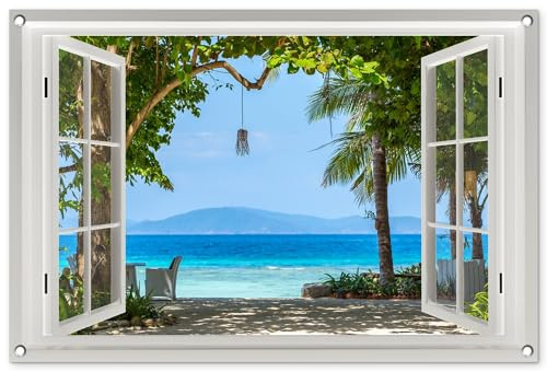 MuchoWow© Garden Decor Balcony Accessories Outdoor Decorations Posters Wall | 35x23 / 90x60 cm - Outside Poster Decoration See-through - Tree - Sea - Palm - Hills - Beach - Blue