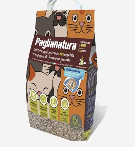PagliaNatura Lettiera Agglomerante per Gatti in Fibra Vegetale della Paglia di Frumento - Sabbia gatto 100% Vegetale e Naturale Palla Compatta Formato 6lt