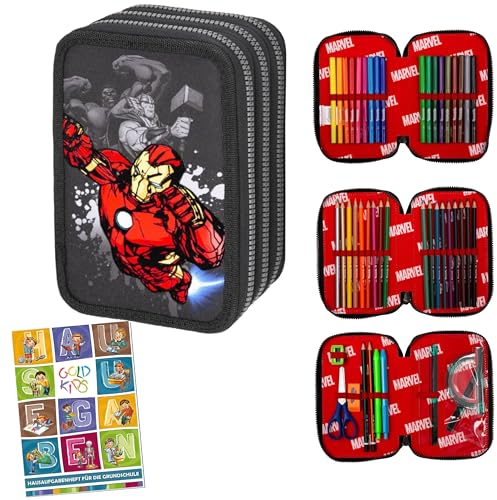 Goldkids - Federmäppchen 3 Fächer - Mäppchen für Mädchen und Jungen - Federmappe 3-Fach Federtasche Gefüllte Schüleretui 46-teilig - Schulmäppchen und Hausaufgabenheft - Avengers Motiv