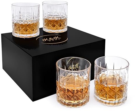 K&K Home Whiskey Glasses Set of 4, 12 Oz Unique Bourbon Glass, Old Fashioned Liquor Vodka Bourbon Cocktail Scotch Bar Glasses Set