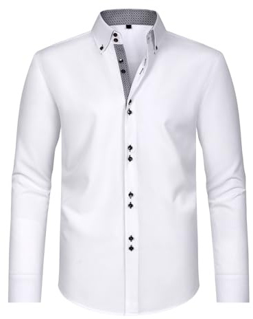 Men's Dress Shirts UK Sale Clearance Long Sleeve Casual Smart Button Shirt Non Iron Turn Down Collar Double Breasted Business Shirts Regular Fit Stretch Wedding Work Office Oxford Formal Shirt Blouse