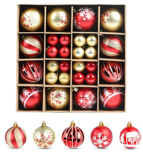 SULOLI 48 Pezzi Palline di Natale,Accessori Decorazioni Albero di Natale,Addobbi Palline per Albero di Natale (Oro-Rosso)